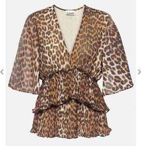 Ganni Leopard-print tiered georgette blouse